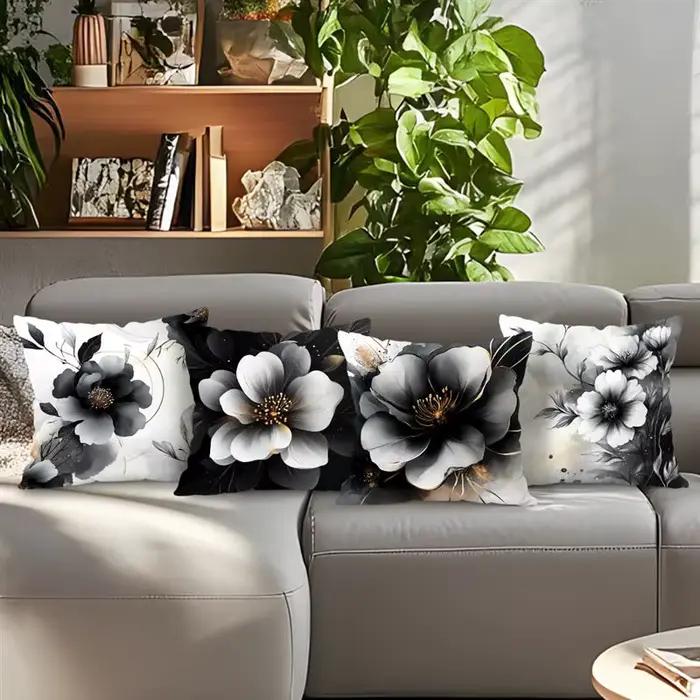 Housse de coussin à motifs floraux noir et blanc