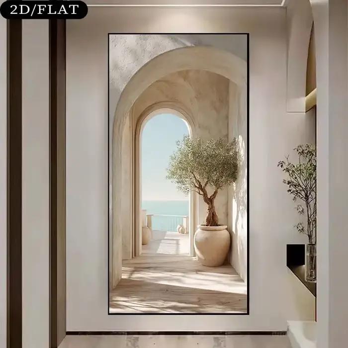 Grande impression sur toile en arc d'olivier méditerranéen côtier sans cadre - Art mural inspiré de l'île grecque beige
