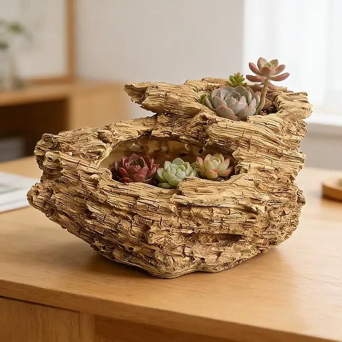 Pot de fleurs en résine imitation bois flotté avec deux trous
