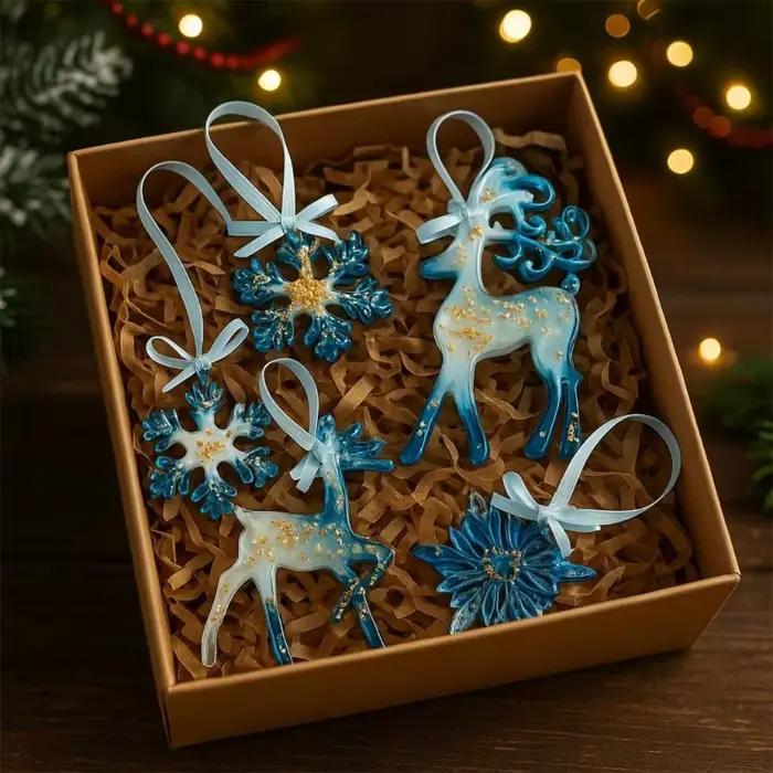 Ornements noël en résine: décor vacances bleu or, décorations noël, flocons neige renne, suspension d'arbre