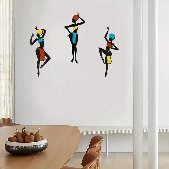 3 pièces d'art mural en métal africain - Art silhouetté de style danse ethnique