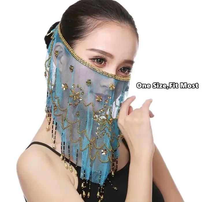 Couleur bleu lac avec perles mascarade fête danse du ventre voiles visage voile Costumes maille visage voile indien danse du ventre voile
