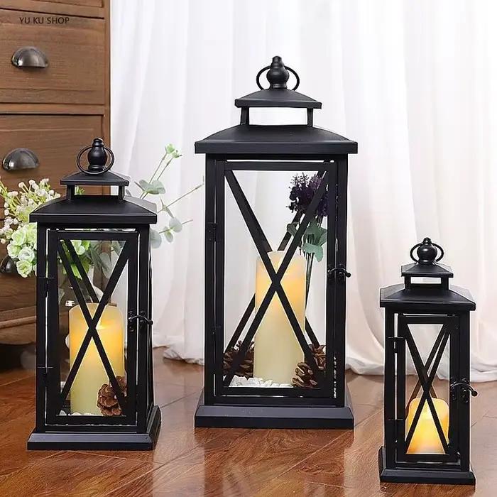 Lanterne coupe-vent en verre, porte-bougie en métal, grand modèle noir, design moderne, chandelier marocain, décoration d'intérieur