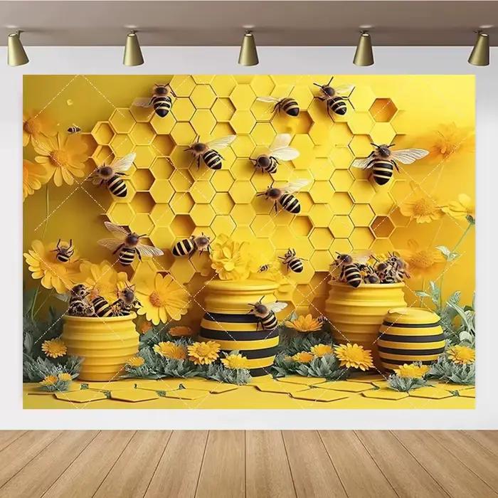 Bohème fleur abeille marguerite thème fond doux nid d'abeille mur Rural planche de bois enfants anniversaire famille