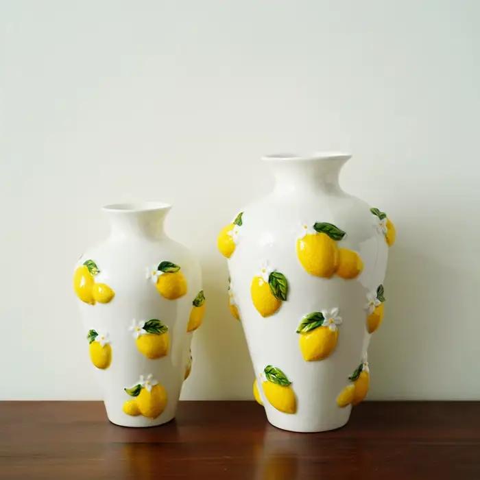 Vase en céramique, sculpture en relief de citron tridimensionnelle, vase à fleurs, accessoires pour arrangements floraux, artisanat en céramique, vases
