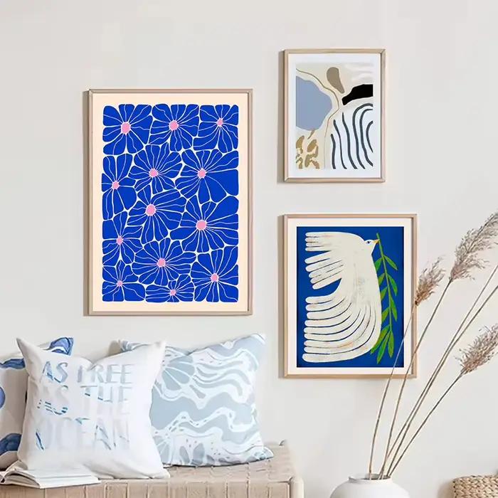 Peinture sur toile abstraite à rayures bleues, style Matisse, avec vase à fleurs, affiches et images imprimées pour décoration de salon