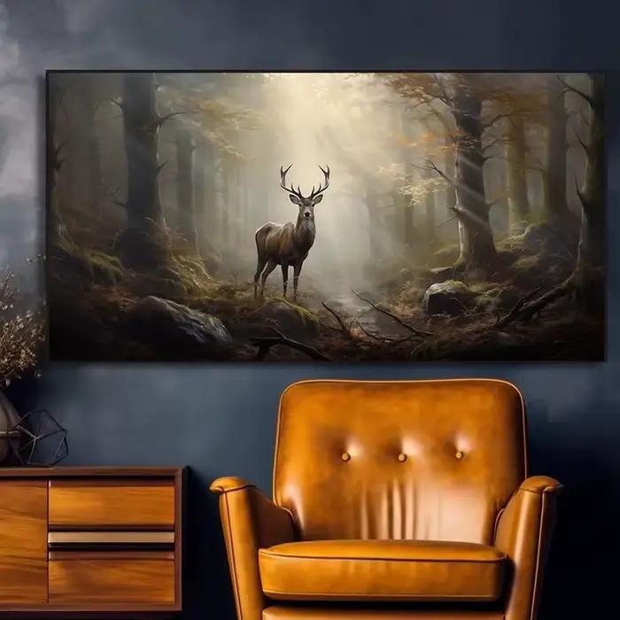 Affiche de cerf vintage en forêt brumeuse mystique avec animaux sauvages peinture sur toile pour décor de maison et chambre à coucher occassions spéciales