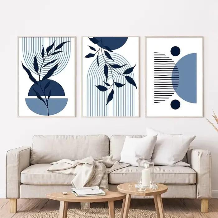 Boho bleu abstrait moderne mur Art impression soleil géométrique ligne feuille toile peinture nordique affiches décor photos pour salon