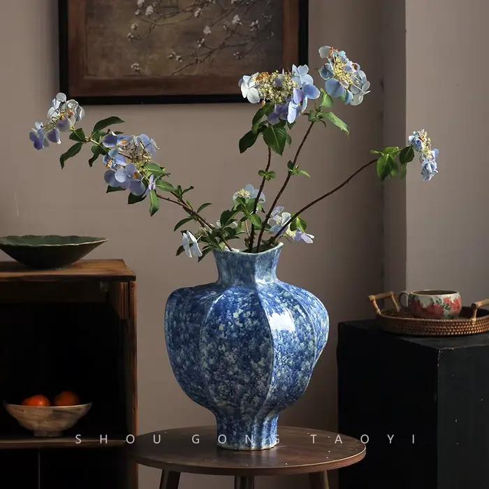 Vase en céramique bleu, transformé au four, fait main, en terre cuite, pour fleurs, accessoires d'arrangement floral