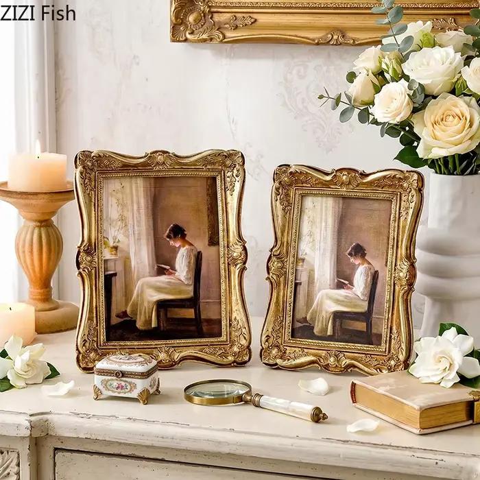 Cadres photo rétro européens à bordure florale, cadre photo doré, cadre photo pour table de chevet, cadre photo pour anniversaire de mariage, décoration de bureau