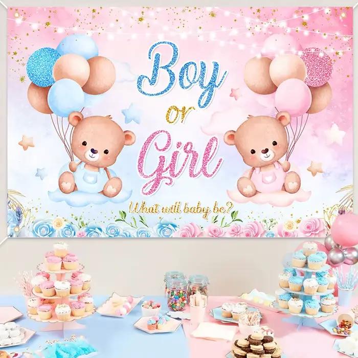 Genre Décorations de fête de révélation du sexe du bébé, fournitures de décoration, bannière ours rose et bleu, fond de photographie