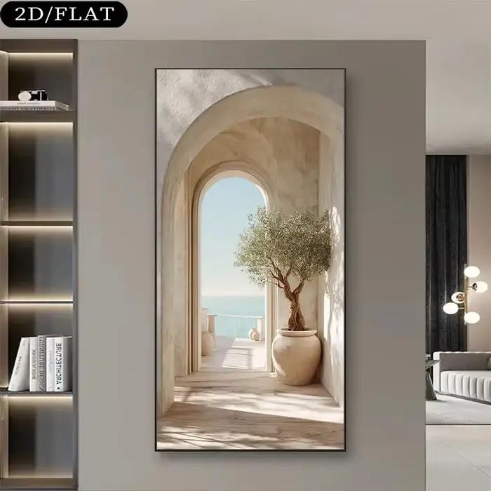Grande impression sur toile en arc d'olivier méditerranéen côtier sans cadre - Art mural inspiré de l'île grecque beige