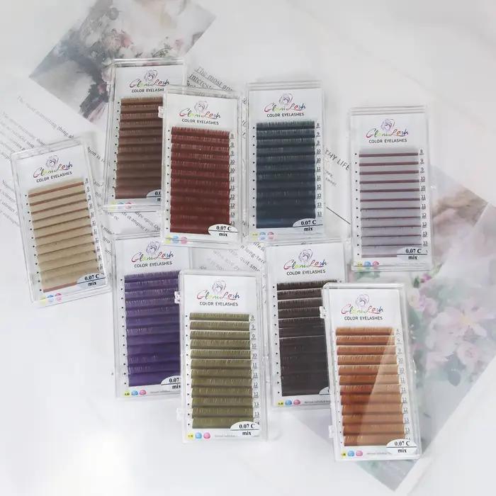 GLAMLASH cils colorés bleu lac/lavande/cannelle/vert foncé/gris Matcha Extension de faux cils colorés naturels individuels