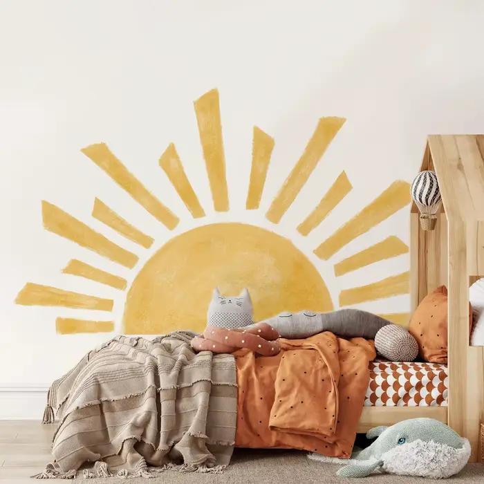 Papier peint demi-soleil en vinyle autocollant mural boho pour chambre de bébé décoration murale enfants stickers animaux chambre à coucher