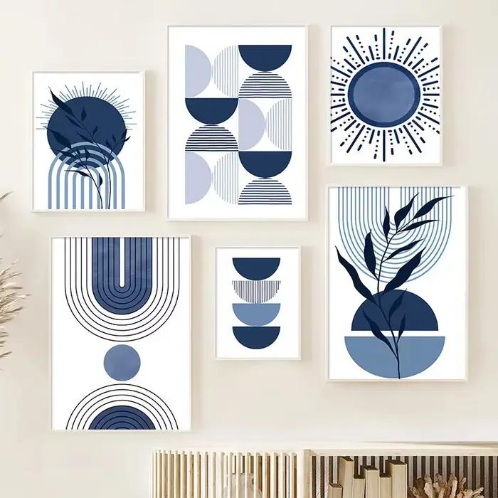 Boho bleu abstrait moderne mur Art impression soleil géométrique ligne feuille toile peinture nordique affiches décor photos pour salon