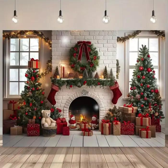 Tissu de fond de cheminée blanche de Noël, polyester, adapté à la décoration de Noël et à la décoration festive d'événements