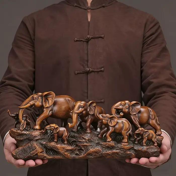 Statue d'éléphant en résine style sculpture sur bois, décoration d'intérieur, ornement de bureau, cadeau de pendaison de crémaillère pour salon et entrée