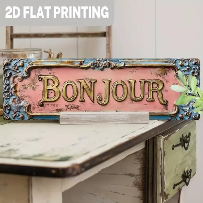 Panneau français vintage en bois "Bonjour"