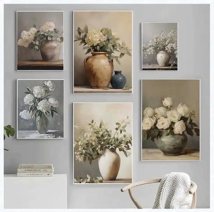 Peinture de fleurs de printemps sur toile aquarelle moderne avec vase vintage, pivoines moody, style bohème pour décoration de maison ou cadeau original