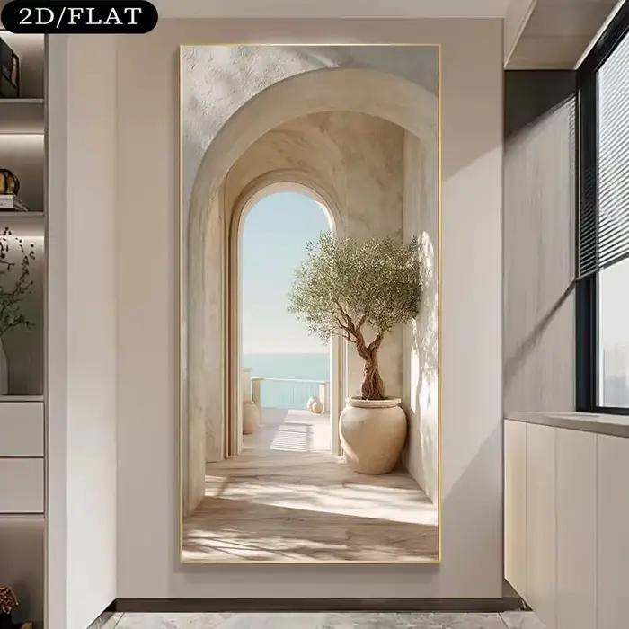 Grande impression sur toile en arc d'olivier méditerranéen côtier sans cadre - Art mural inspiré de l'île grecque beige
