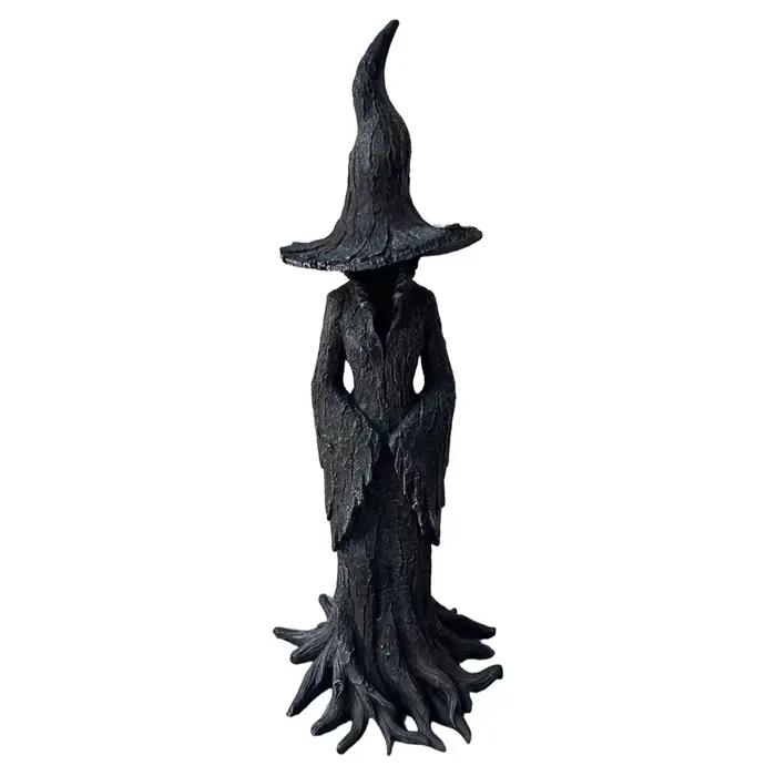 Statue de sorcière craquelin baril 20cm, Statue de sorcière noire d'halloween, Figurine gothique en résine, décor de magicien rétro, ornement fantastique foncé