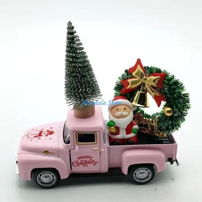 U2JC – décorations camion noël, pick-up en métal avec cloches à nœud papillon, couronne noël, ornements d'arbre père