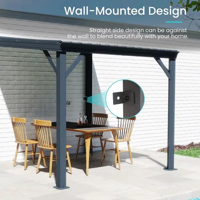 Pergola murale robuste inclinée avec système de drainage intégré et auvent de protection imperméable