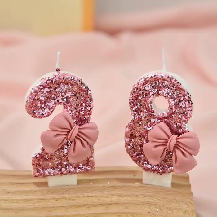 Bougie créative à paillettes scintillantes avec nœud rose pour gâteau d'anniversaire célébration festive élégante occasions spéciales
