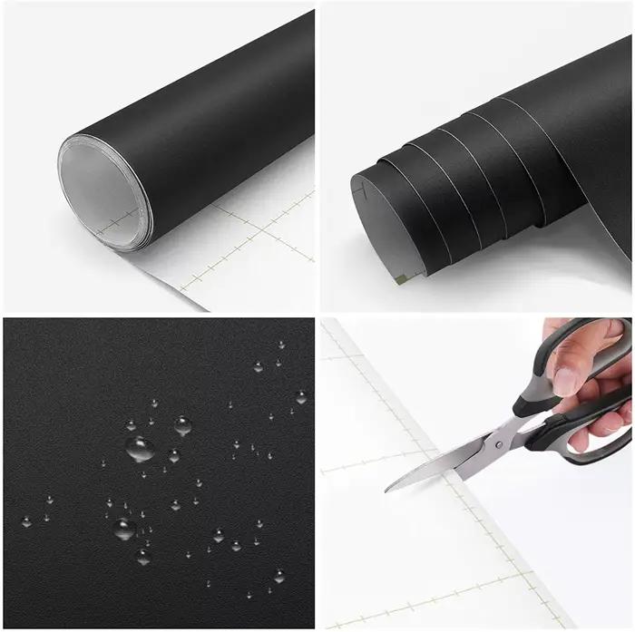 Papier peint auto-adhésif noir mat, papier adhésif décoratif en vinyle pour meubles de salon, décoration murale d'armoire de cuisine