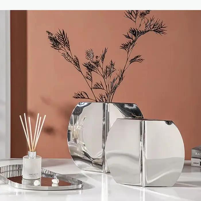 Vase géométrique argenté, décoration de bureau, arrangement floral, fleurs artificielles, vases décoratifs, décoration esthétique de la pièce