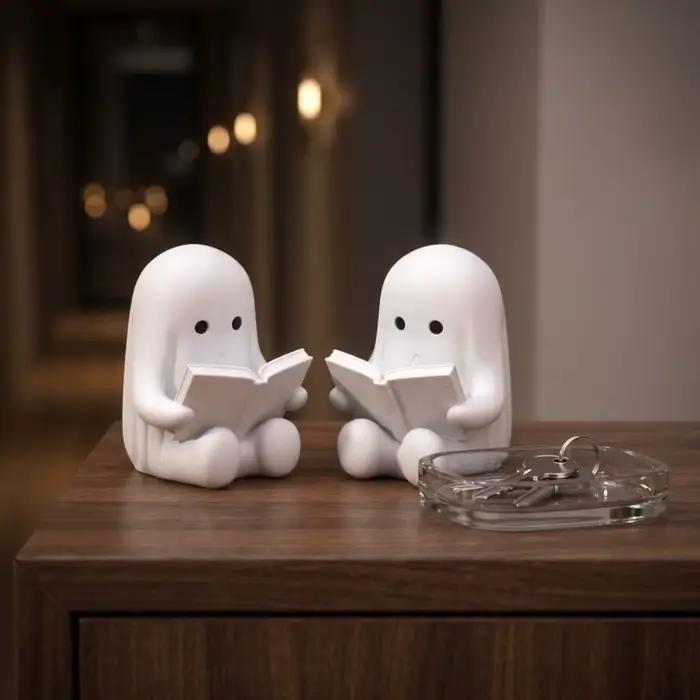 Statues Artisanales Fantôme en train de lire, Miniature de collection, Ornement fantôme mignon en plastique, Figurine créative pour bureau