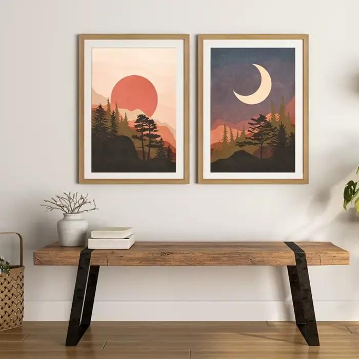 2 pièces sans cadre soleil et lune montagne paysage mur Art
