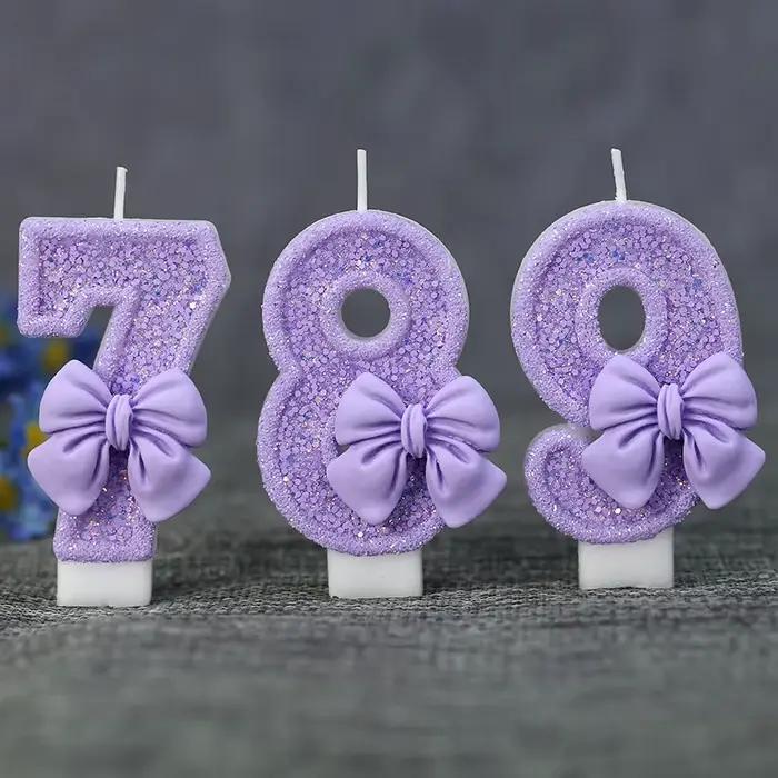 Bougie d'anniversaire numérique artisanale DIY avec nœud violet pailleté - Décoration de gâteau avec emballage individuel