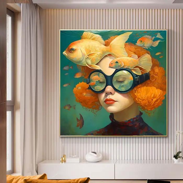 Surréalisme femme Portrait toile peinture mur Art merveilleux fantaisie poisson et fille affiche imprime pour salon décor à la maison