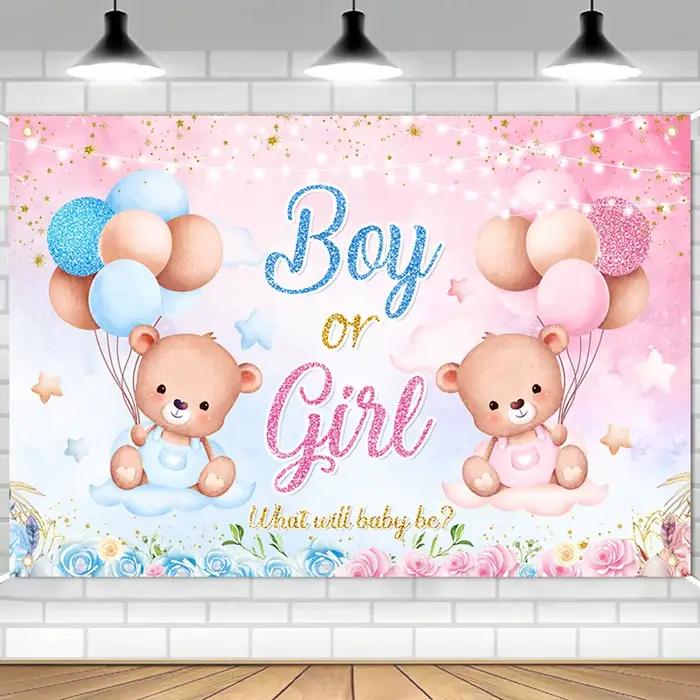 Genre Décorations de fête de révélation du sexe du bébé, fournitures de décoration, bannière ours rose et bleu, fond de photographie