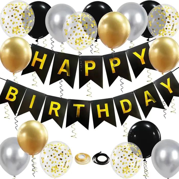  Décoration de fête d'anniversaire en or noir – 16 ballons et rubans