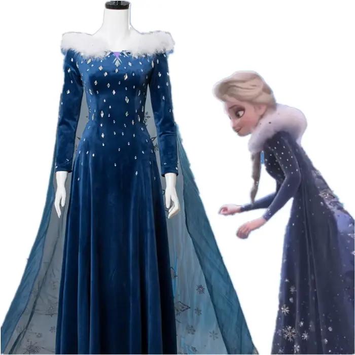 Robe de cosplay Elsa, jupe longue en velours bleu profond, col en peluche, cape brodée de flocons de neige, costume de fête ou d'exposition