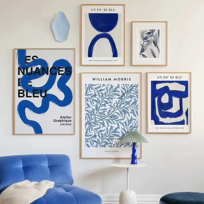 Peinture sur toile abstraite à rayures bleues, style Matisse, avec vase à fleurs, affiches et images imprimées pour décoration de salon
