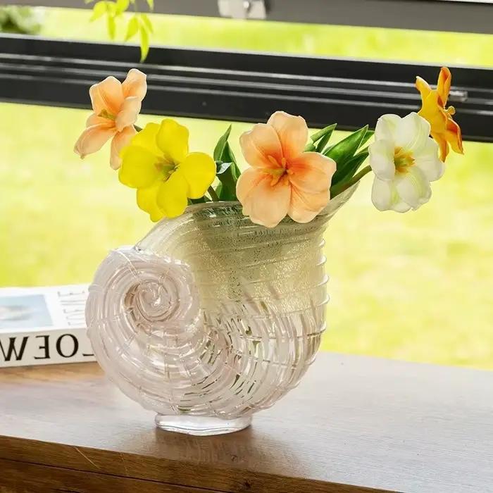 Vase en verre en forme de coquillage simulé, accessoire floral, bouteille en verre transparent dégradé, pot de fleurs