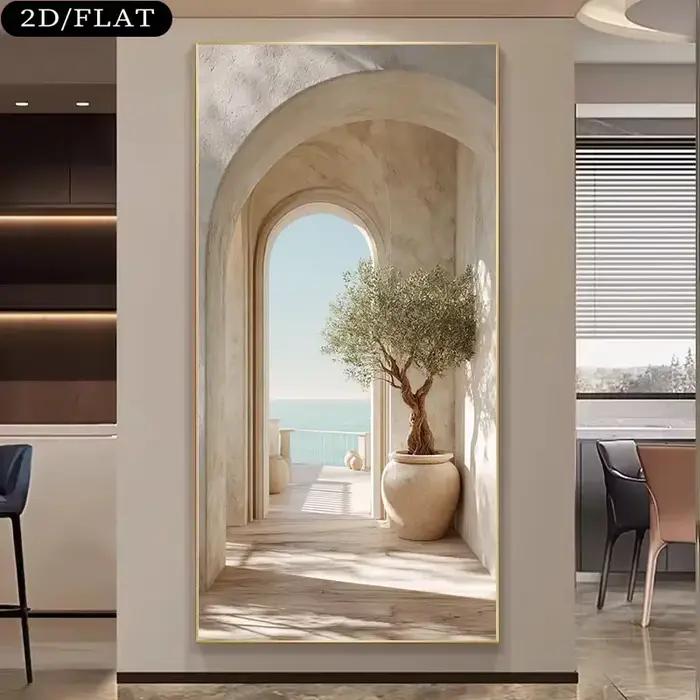 Grande impression sur toile en arc d'olivier méditerranéen côtier sans cadre - Art mural inspiré de l'île grecque beige
