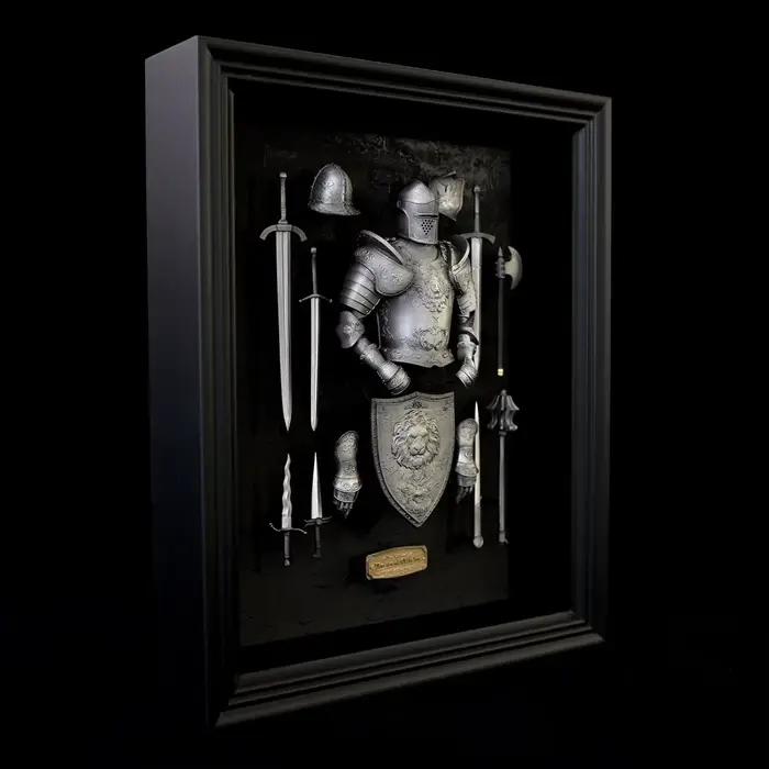 Cadre photo en résine époxy fait main et peint à la main, représentant une armure de chevalier médiéval anglais-français, décoration de bureau et de maison
