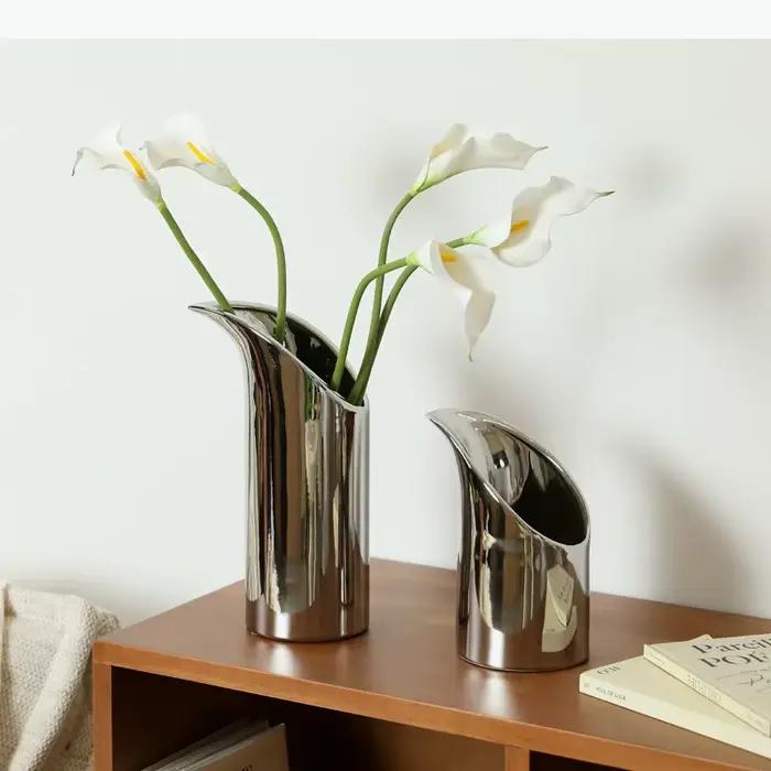 Vase en céramique argenté géométrique à ouverture inclinée pour calla, pot d'arrangement floral, accessoires de décoration intérieure