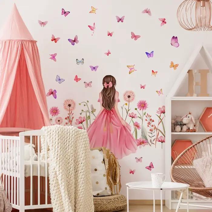 Autocollants muraux de dessin animé fleurs et papillons pour chambre d'enfant décoration de maison occasion spéciale