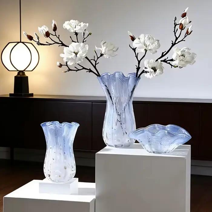 Vase en verre incurvé dégradé bleu, pot à fleurs, plateau à fruits, vases à fleurs, pot transparent, hydroponie, terrarium, décoration d'intérieur