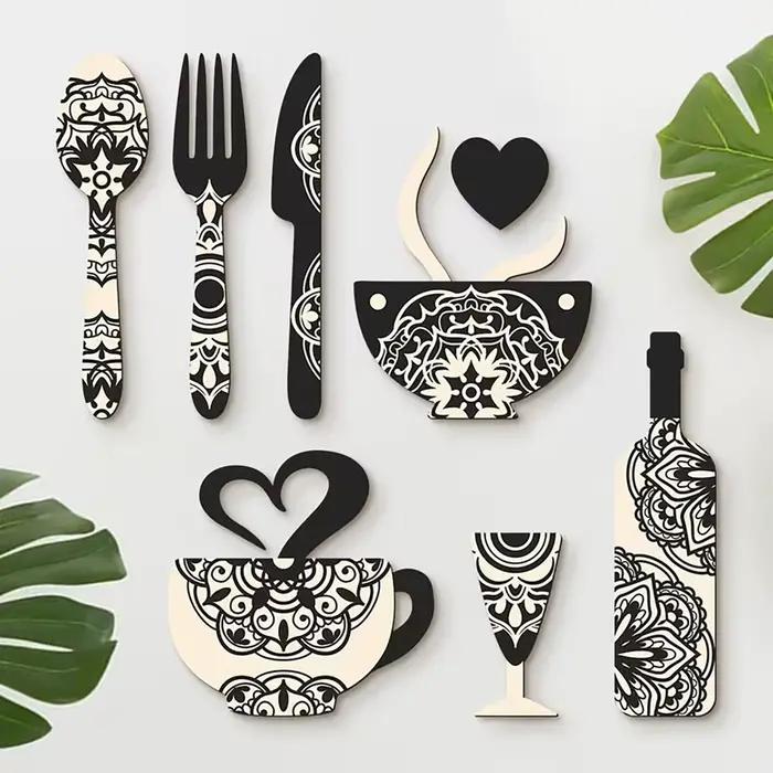 Ensemble de 8 décorations murales en bois noir et blanc sur le thème du café et du vin, avec adhésif, décoration de cuisine