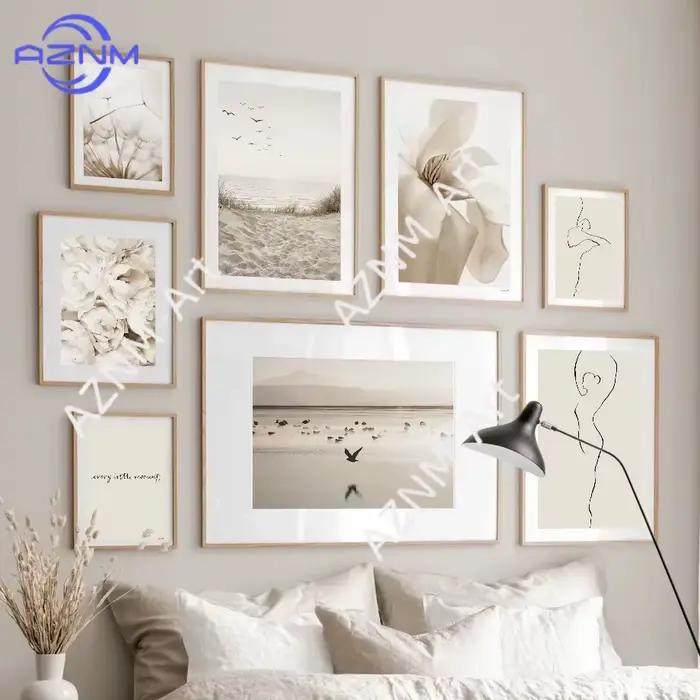 Affiches murales paysagères et florales beige neutre
