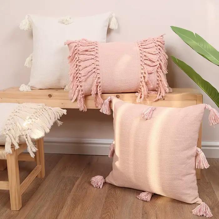 Housse de coussin à pampilles en coton et lin, couleur unie, rétro, rose, bleu, Beige, à franges, coussins décoratifs pour canapé et maison