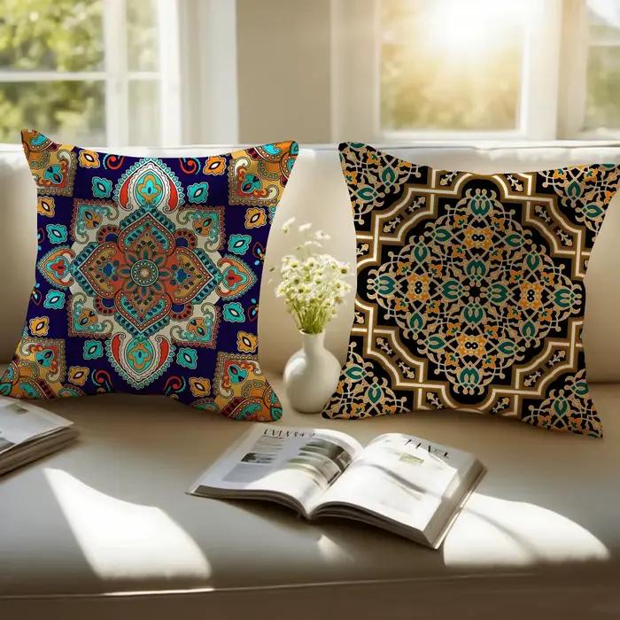 Housse de coussin décorative ethnique bohème en lin