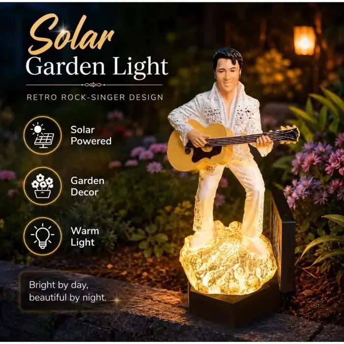 Statue de jardin solaire Elvis, statue de chanteur rock vintage, lumière LED chaude, imperméable, décoration de pelouse extérieure, ornement de cour, cadeau