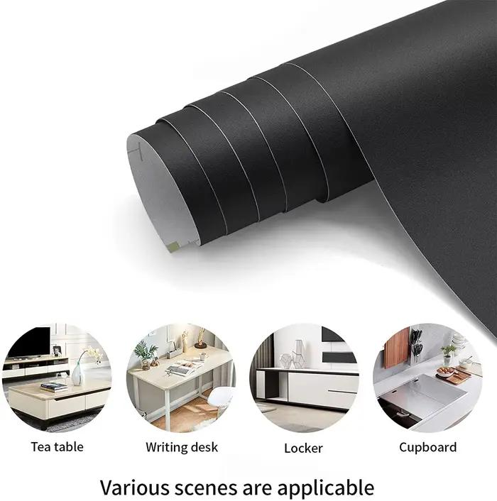 Papier peint auto-adhésif noir mat, papier adhésif décoratif en vinyle pour meubles de salon, décoration murale d'armoire de cuisine
